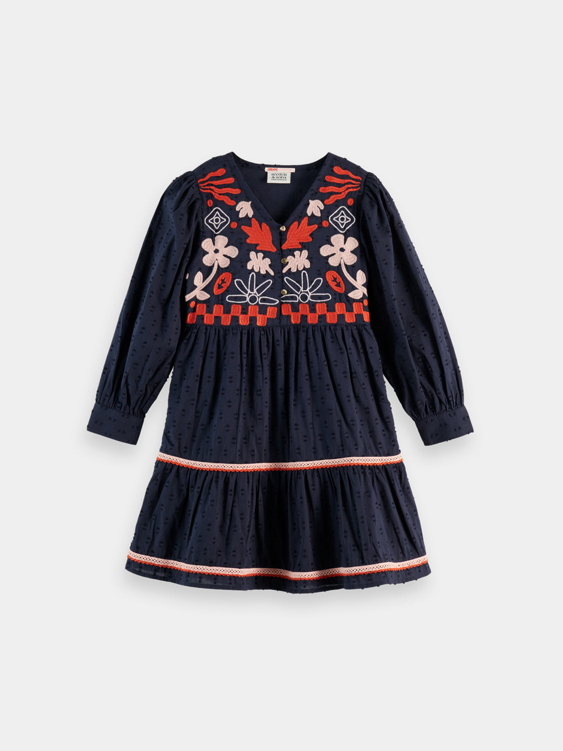 Kids' embroidered dress by Scotch & Soda, featuring colorful floral embroidery and lightweight fabric, perfect for special occasions.