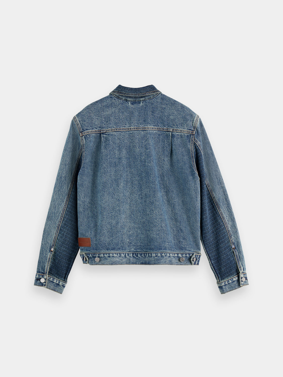 Scotch & Soda denim trucker jacket with classic fit, button front, and chest pockets, shown in dark wash denim.