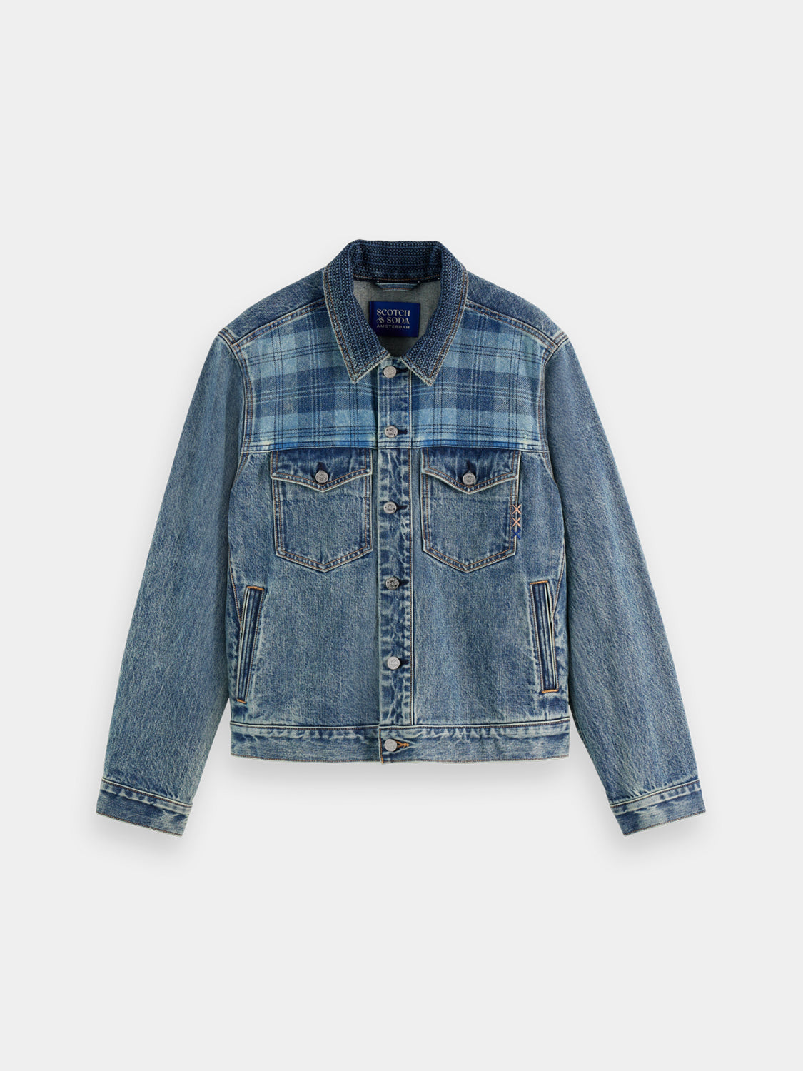 Blue denim trucker jacket by Scotch & Soda, lightweight casual jacket with button front and classic collar, front pockets.