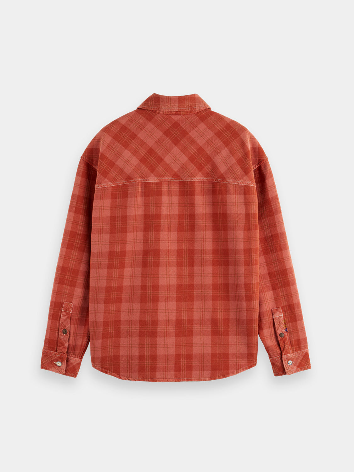Scotch & Soda denim checked overshirt jacket with button-up front and long sleeves, casual stylish outerwear.