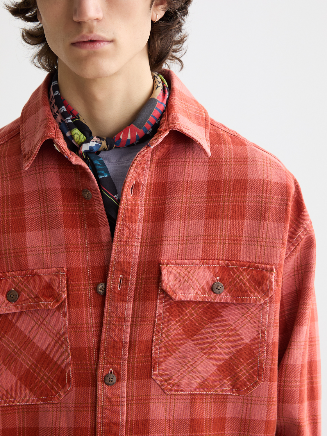 Scotch & Soda denim checked overshirt jacket with button-up front and long sleeves, featuring classic plaid pattern.