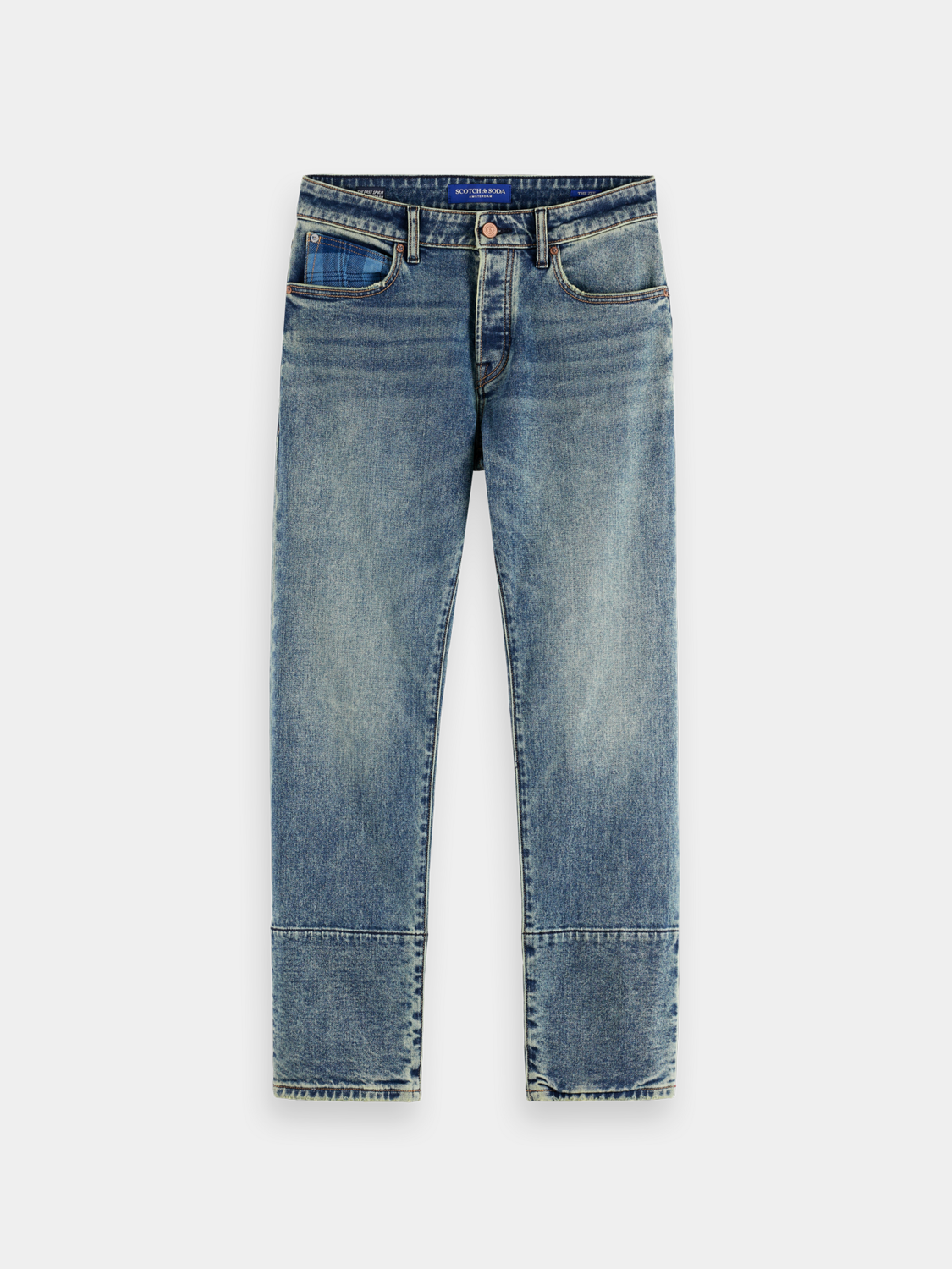 Scotch & Soda Zee straight-fit denim jeans displayed on a hanger with front and back views.
