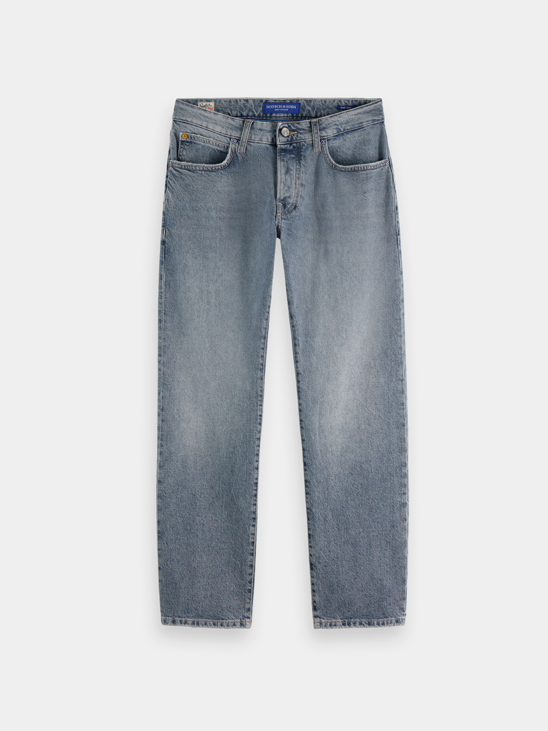 SCOTCH & SODA Zee straight-fit denim jeans, front view showing classic blue wash and clean stitching.