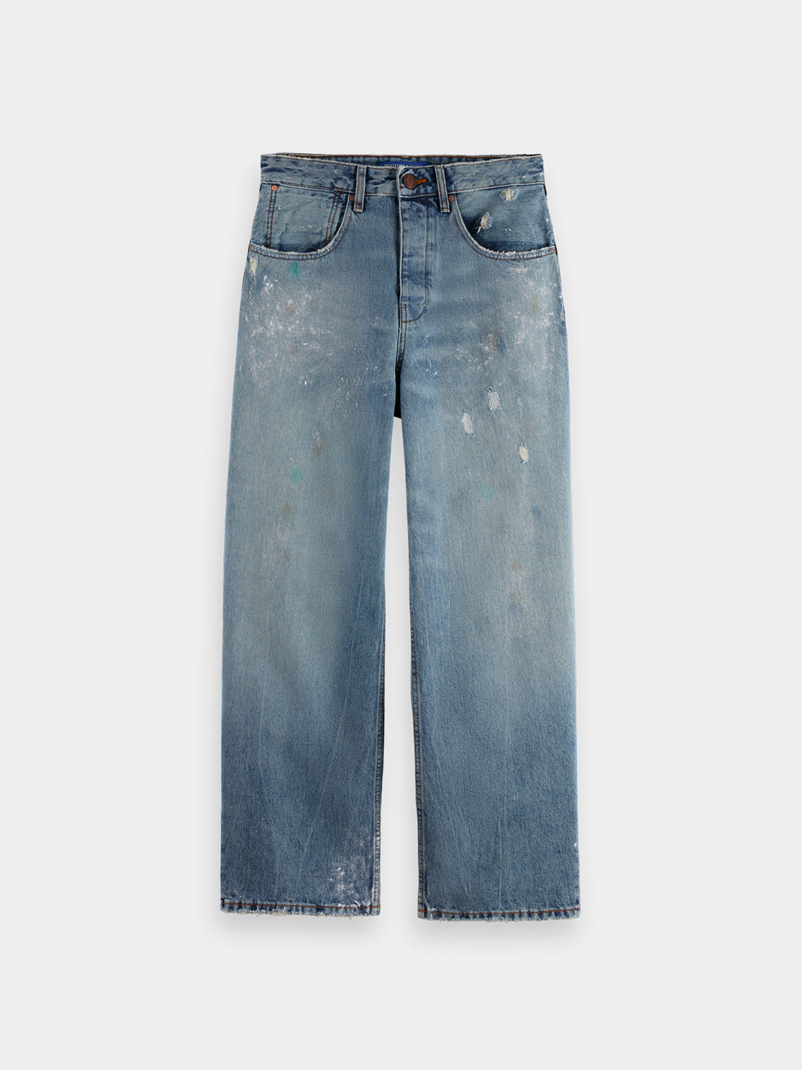 Light blue Scotch & Soda Daze loose fit denim jeans shown from the front on a model. Classic five-pocket design and relaxed fit.