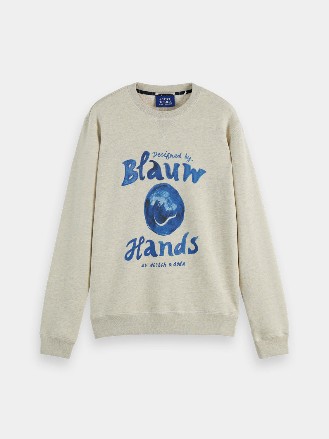 Washed artwork sweatshirt by Scotch & Soda, front view showing artistic design on casual sweatshirt fabric.