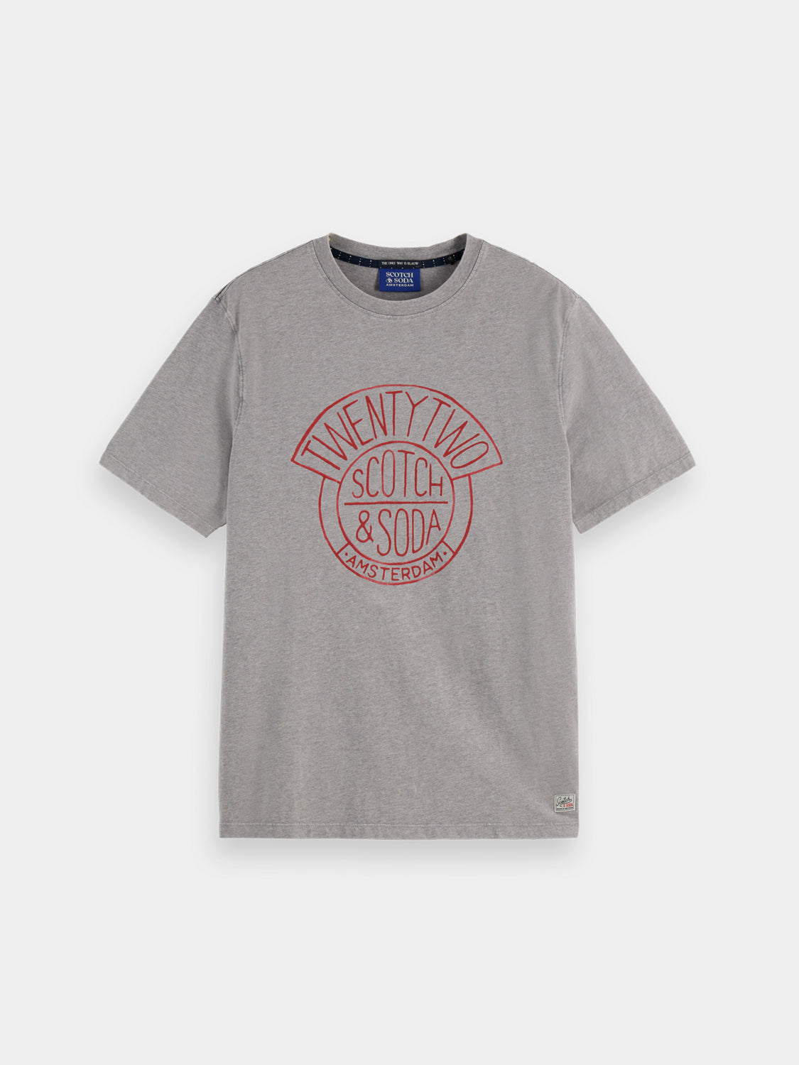 Front view of Scotch & Soda artwork short-sleeve T-shirt with colorful graphic design on soft fabric.