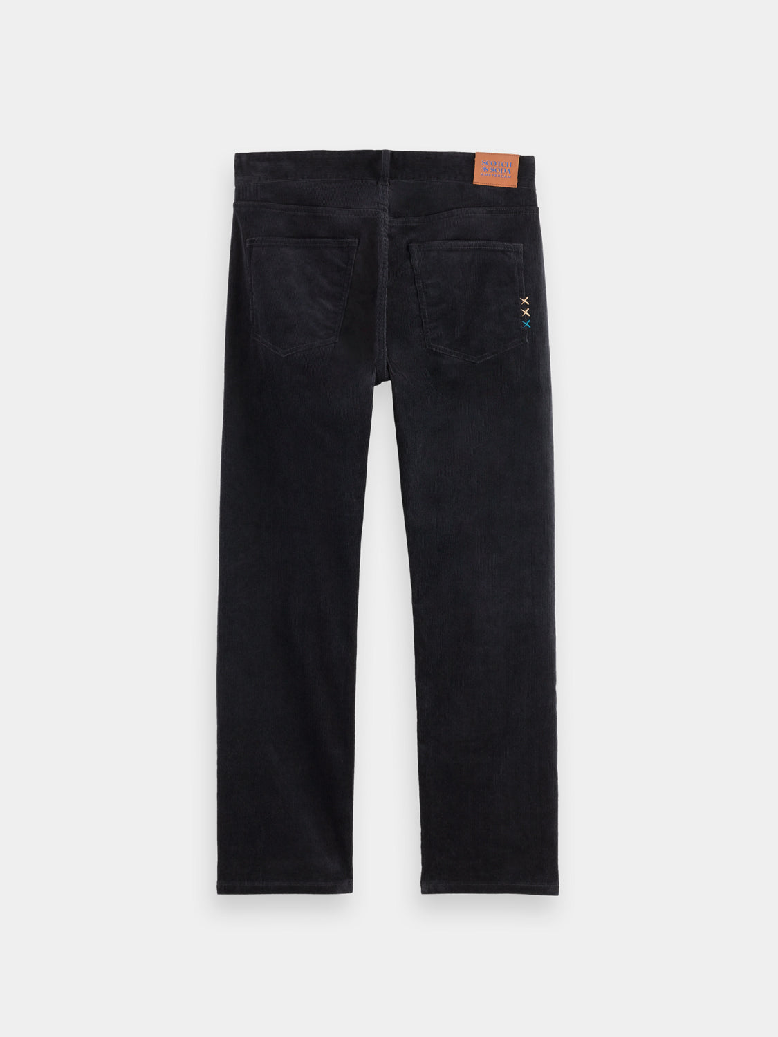 SCOTCH & SODA Zee straight-fit pants, front view showing classic design and tailored fit, dark fabric with subtle stitching details.