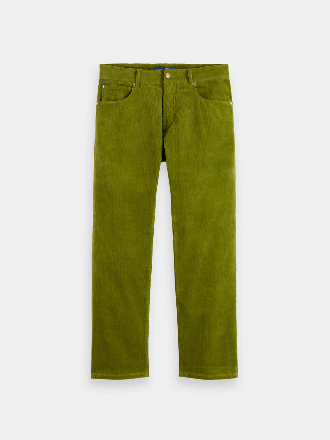 Scotch & Soda Zee straight-fit pants in neutral fabric, showcasing a close-up of the tailored waistband and front pockets.