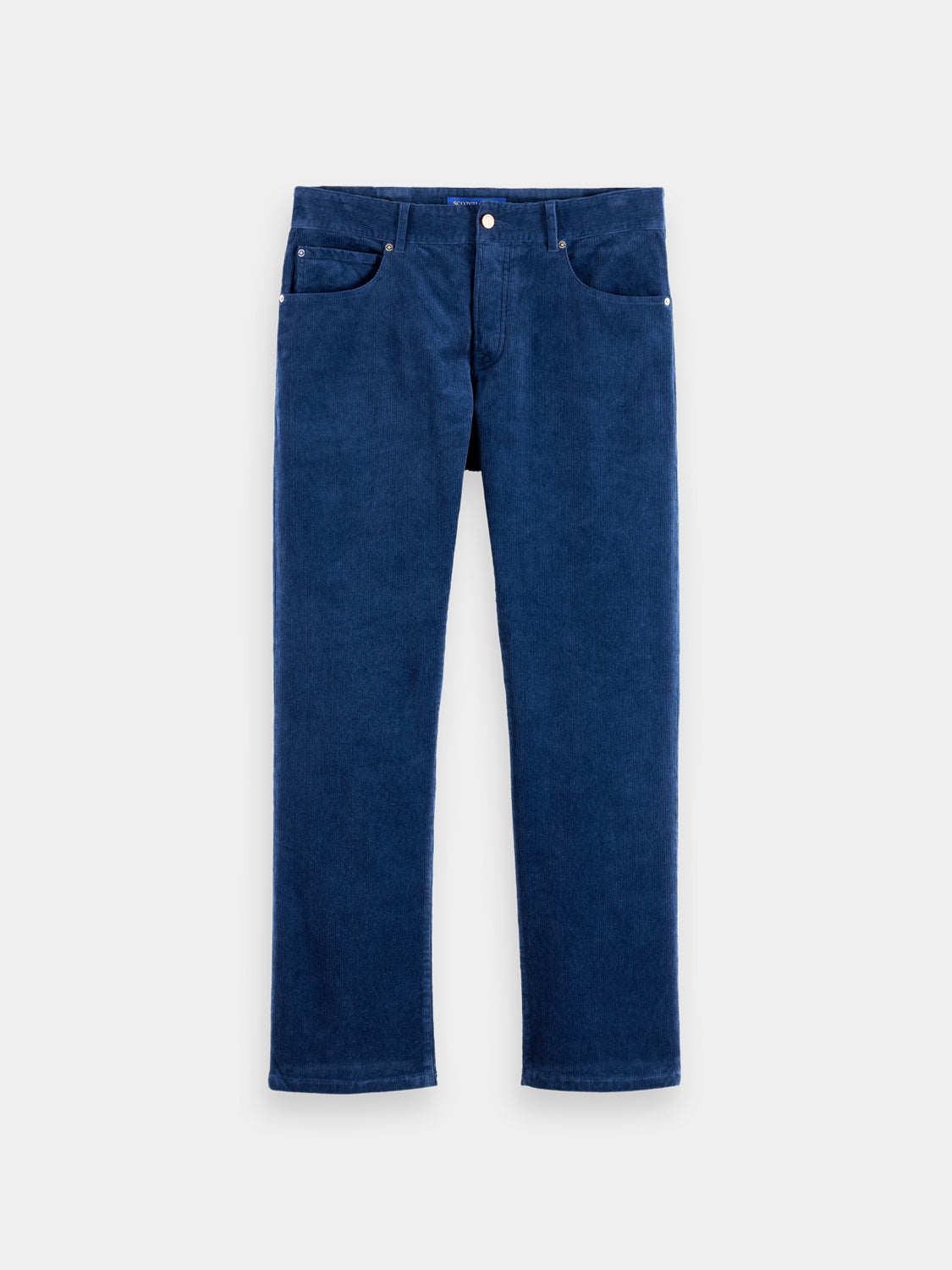 SCOTCH & SODA Zee straight-fit pants in navy, featuring a classic design and tailored fit, shown on a model.