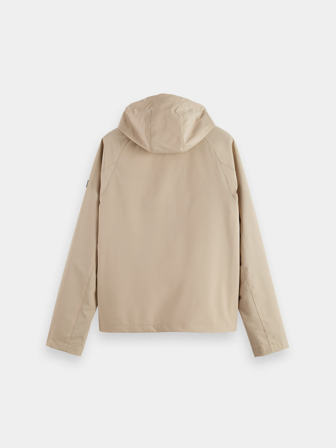 SCOTCH & SODA hooded softshell jacket showing front view with adjustable hood and sleek black fabric.