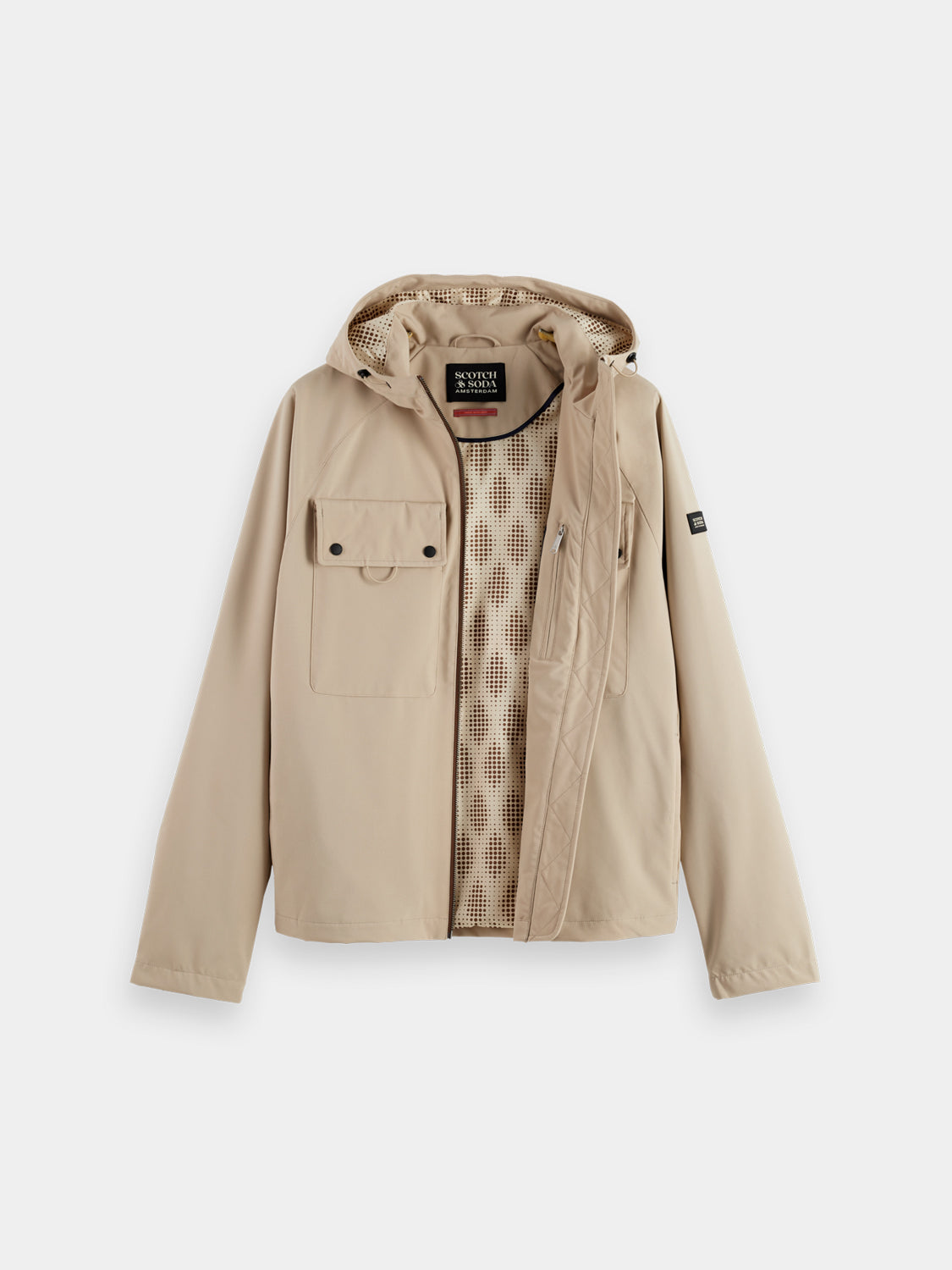 SCOTCH & SODA hooded softshell jacket with a sleek design, featuring a zip front and adjustable hood for outdoor wear.