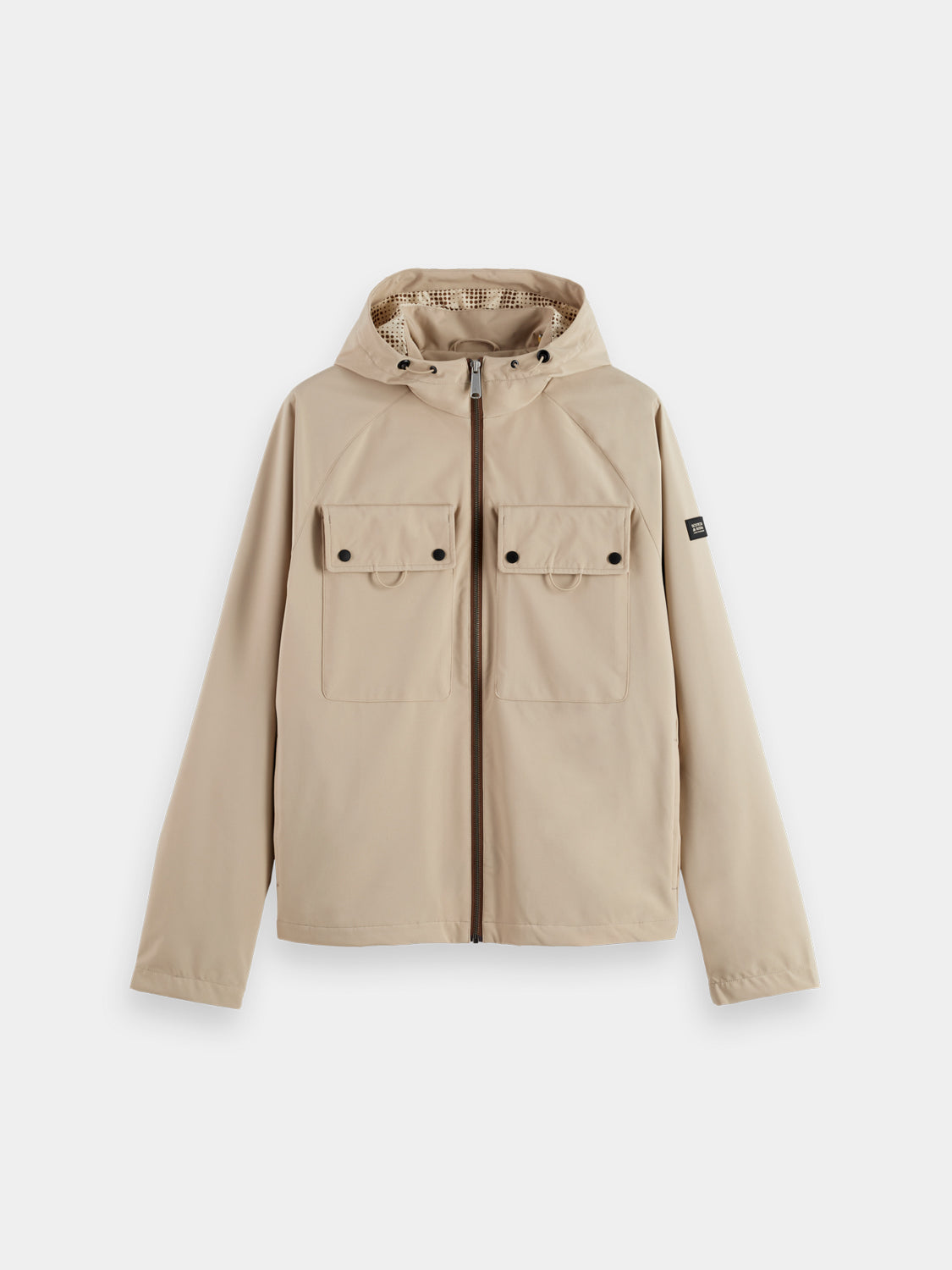 SCOTCH & SODA hooded softshell jacket in black, front view showing adjustable hood and sleek fabric for outdoor wear.