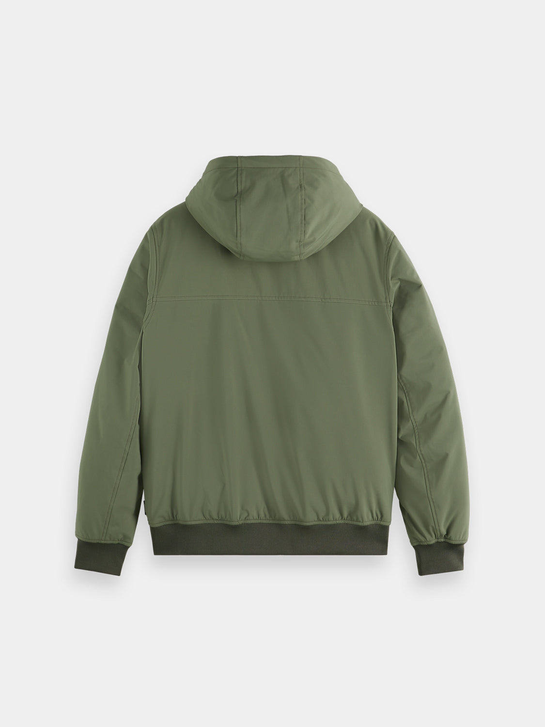 SCOTCH & SODA hooded softshell jacket in black, showing the front view with a zipper and adjustable hood.