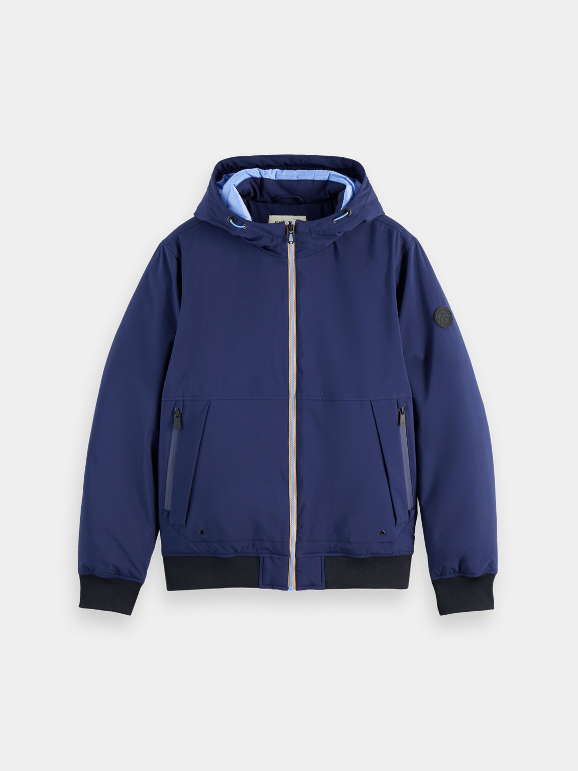 SCOTCH & SODA hooded softshell jacket showing front view with zip closure and adjustable hood, ideal for outdoor wear