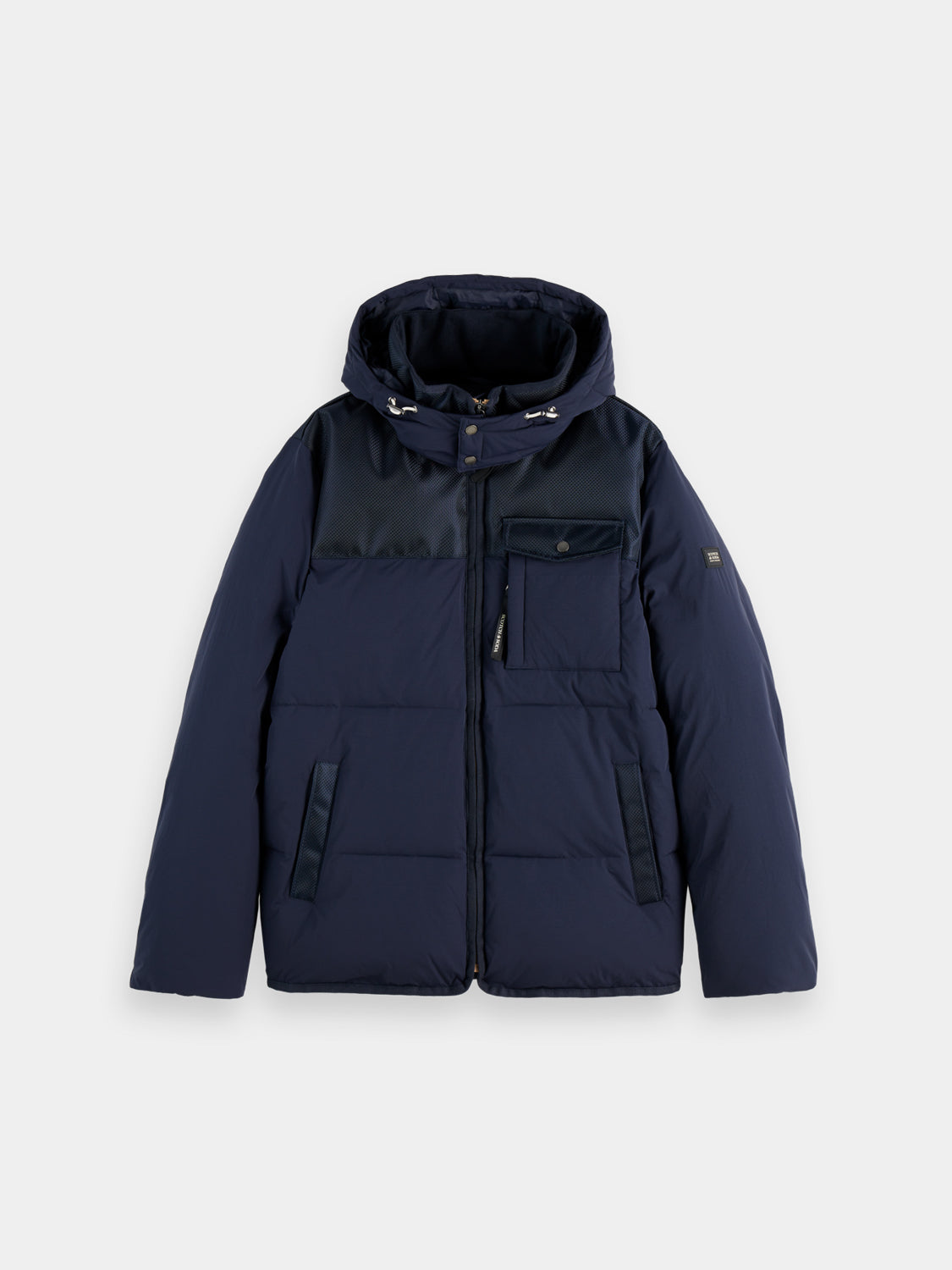 Scotch & Soda hooded puffer jacket with front zipper, quilted design, and adjustable hood for warmth and style.