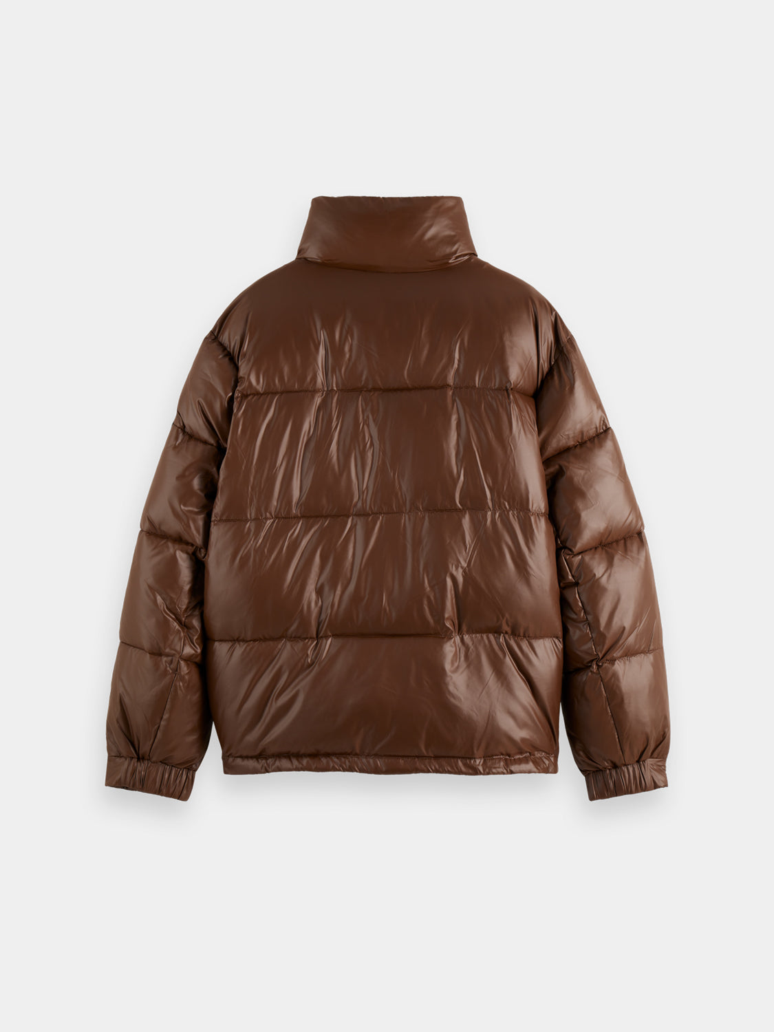 Black lacquer puffer jacket by Scotch & Soda, showing shiny, quilted exterior and padded design for warmth and style.
