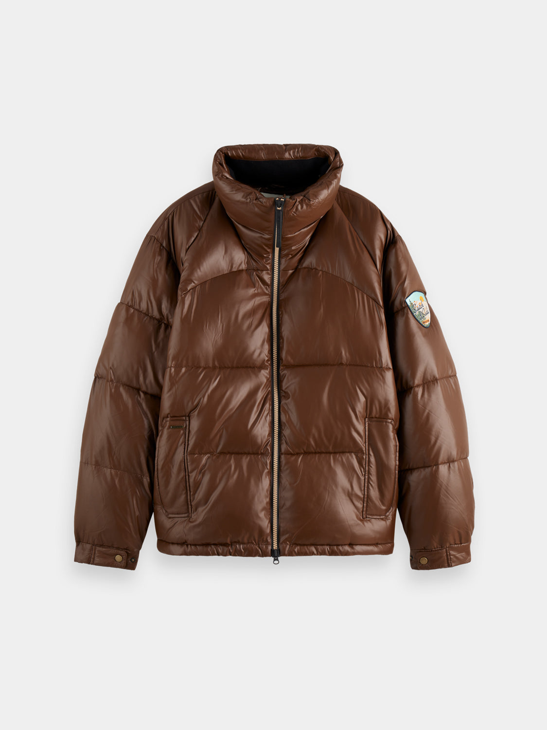 SCOTCH & SODA lacquer puffer jacket, stylish winter coat with shiny finish and padded design, front view.