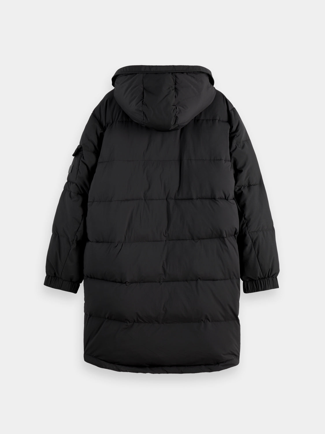 Long puffer jacket by Scotch & Soda, shown from the back with a quilted design and hooded collar, in a neutral color.