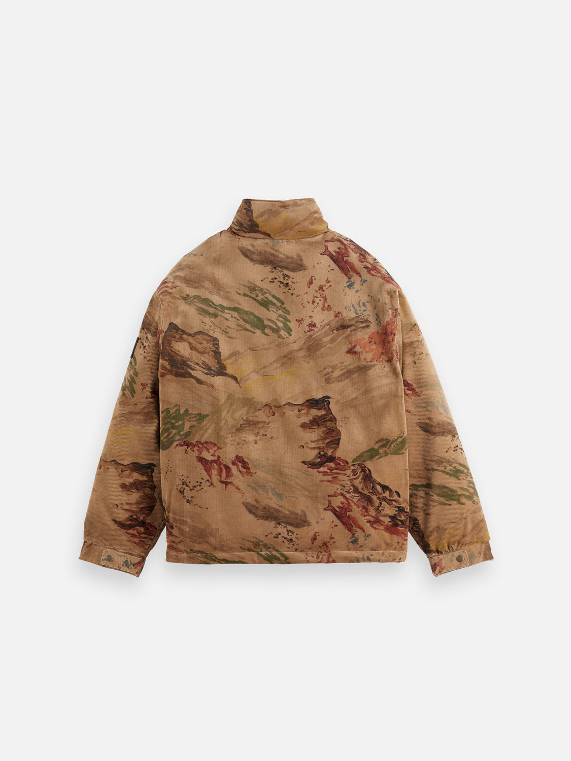 Scotch & Soda corduroy puffer jacket in dark color, featuring quilted design and stand-up collar, front zipper closure.