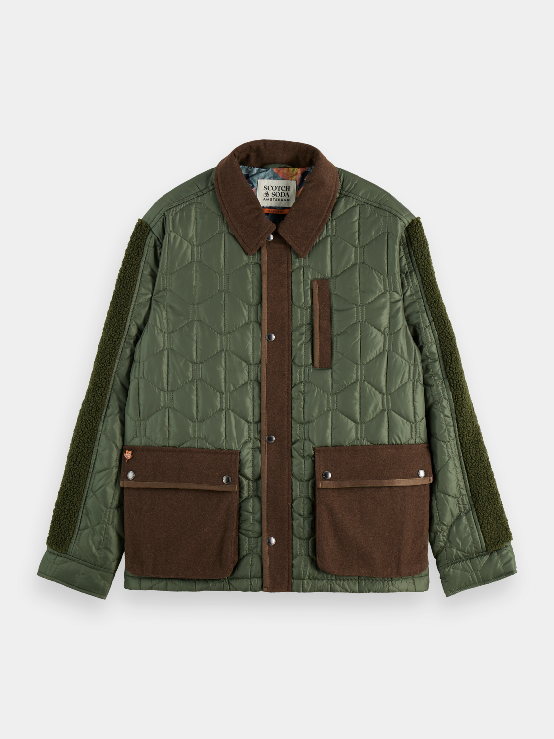 Scotch & Soda quilted military jacket with front pockets and button closure, stylish outerwear for cold weather.
