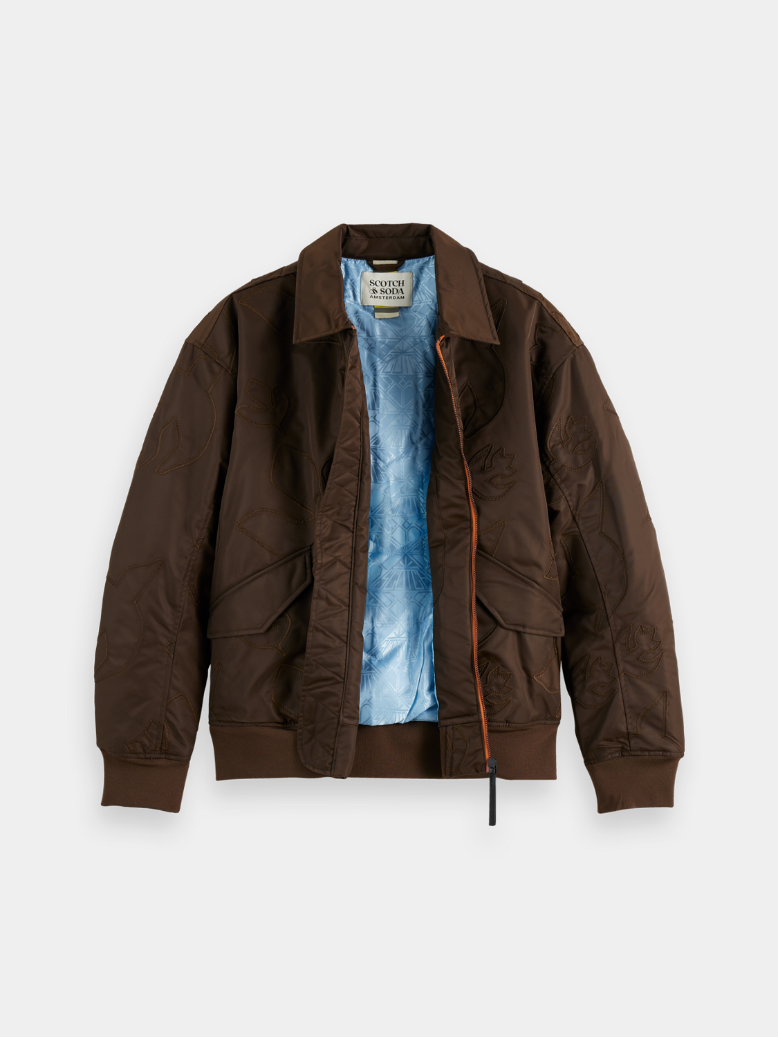 SCOTCH & SODA aviator bomber jacket with quilted lining, front zipper, and ribbed cuffs displayed on a hanger.