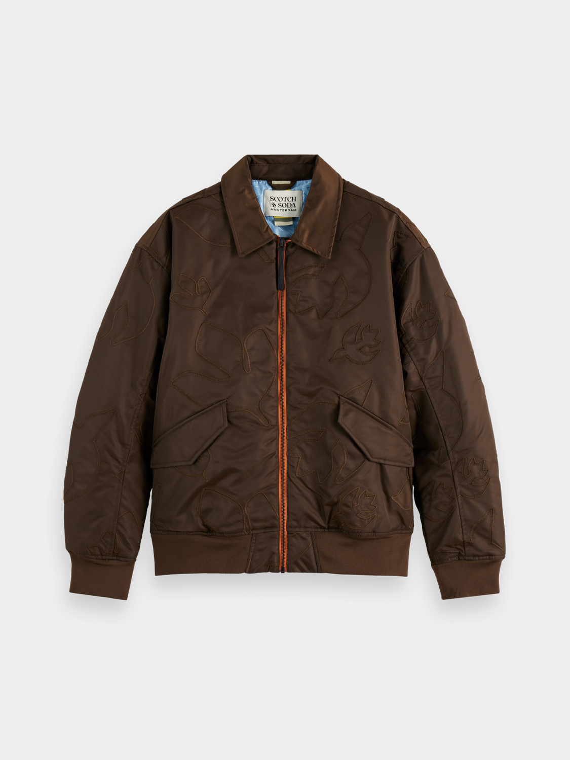 SCOTCH & SODA aviator bomber jacket with leather collar and quilted lining, front zipper, and adjustable cuffs.