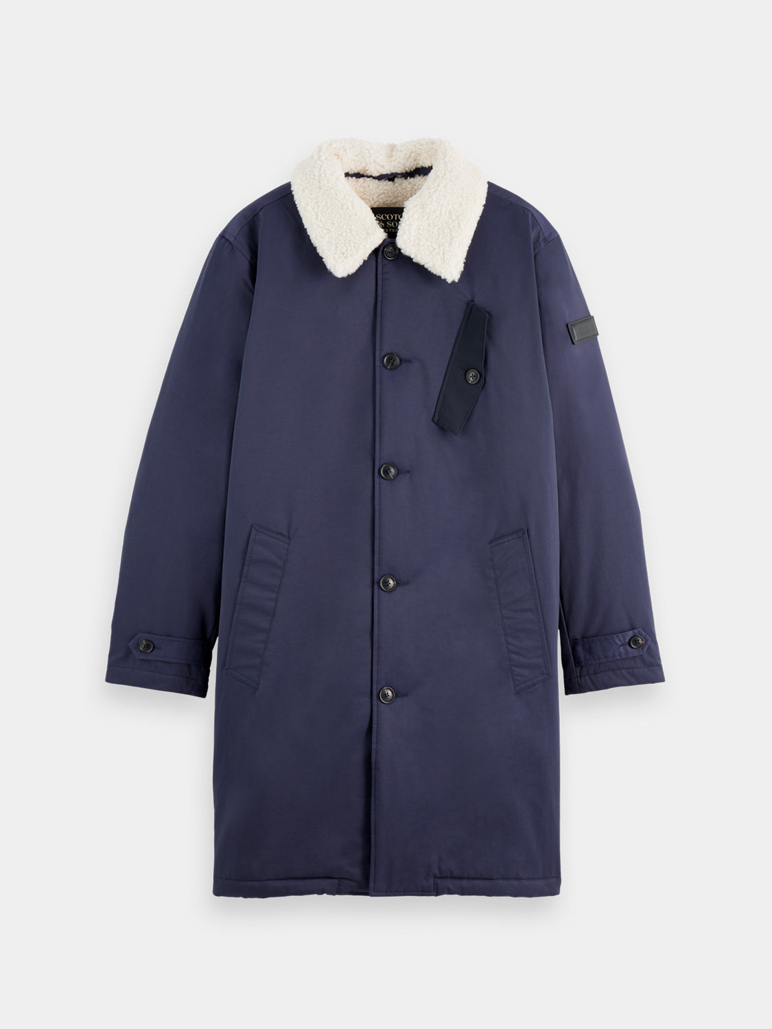 Scotch & Soda teddy collar coat displayed on a hanger, featuring a plush furry collar and stylish jacket design.