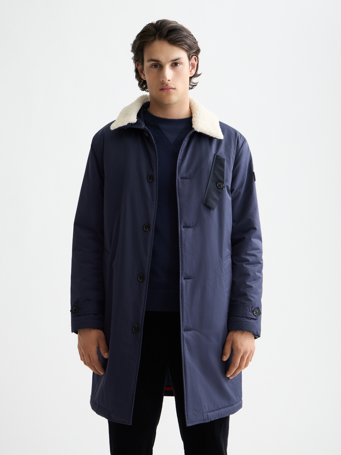 SCOTCH & SODA teddy collar coat, a warm jacket featuring a plush collar and stylish design, shown in a front view.