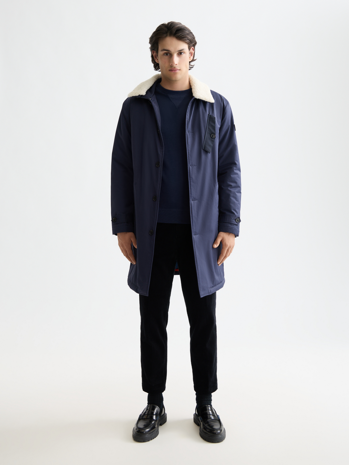 Scotch & Soda teddy collar coat, stylish jacket with plush teddy collar and warm fabric, front view.