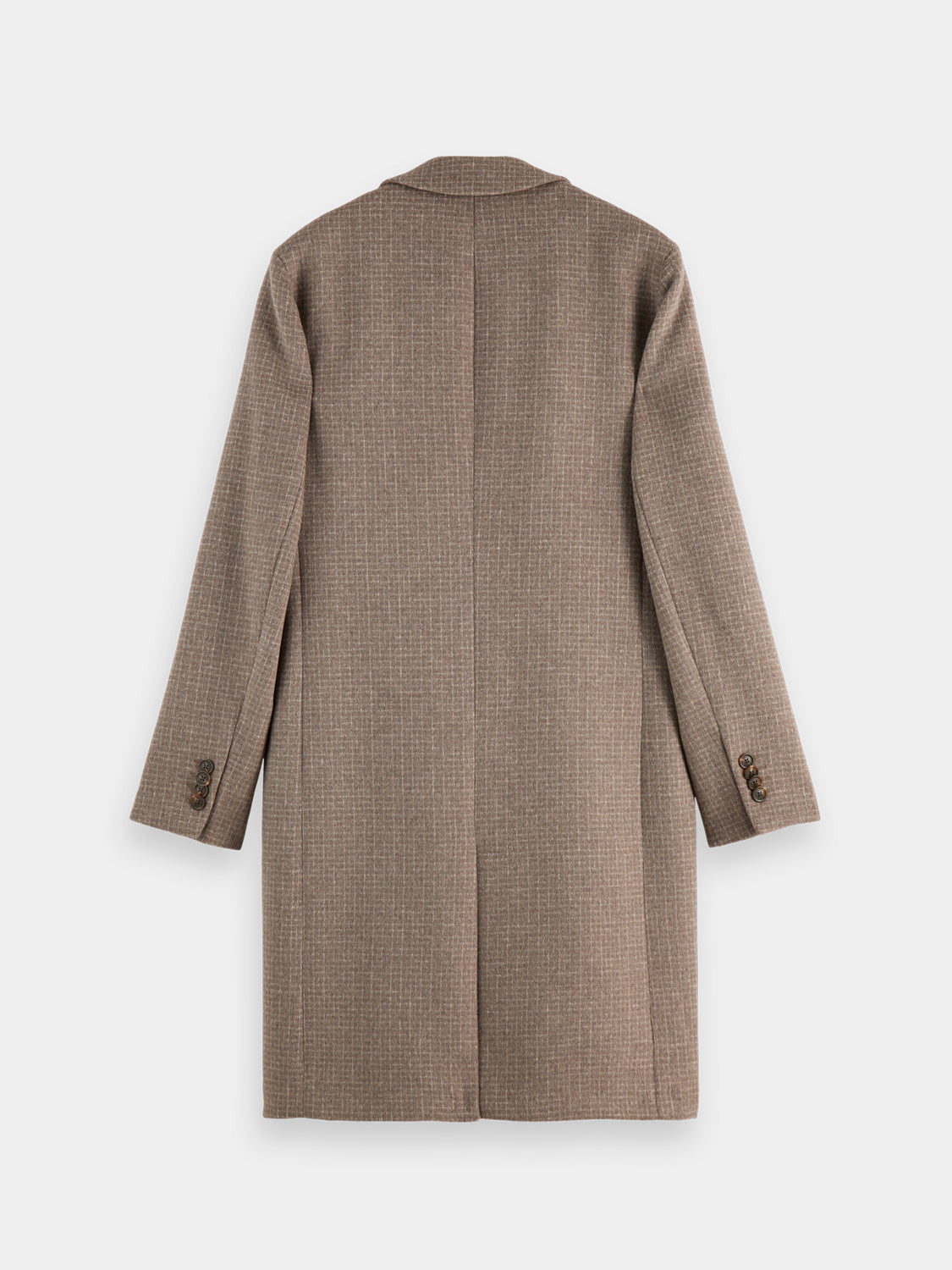 Black Scotch & Soda classic wool coat, stylish jacket with a tailored fit and textured fabric, front view.