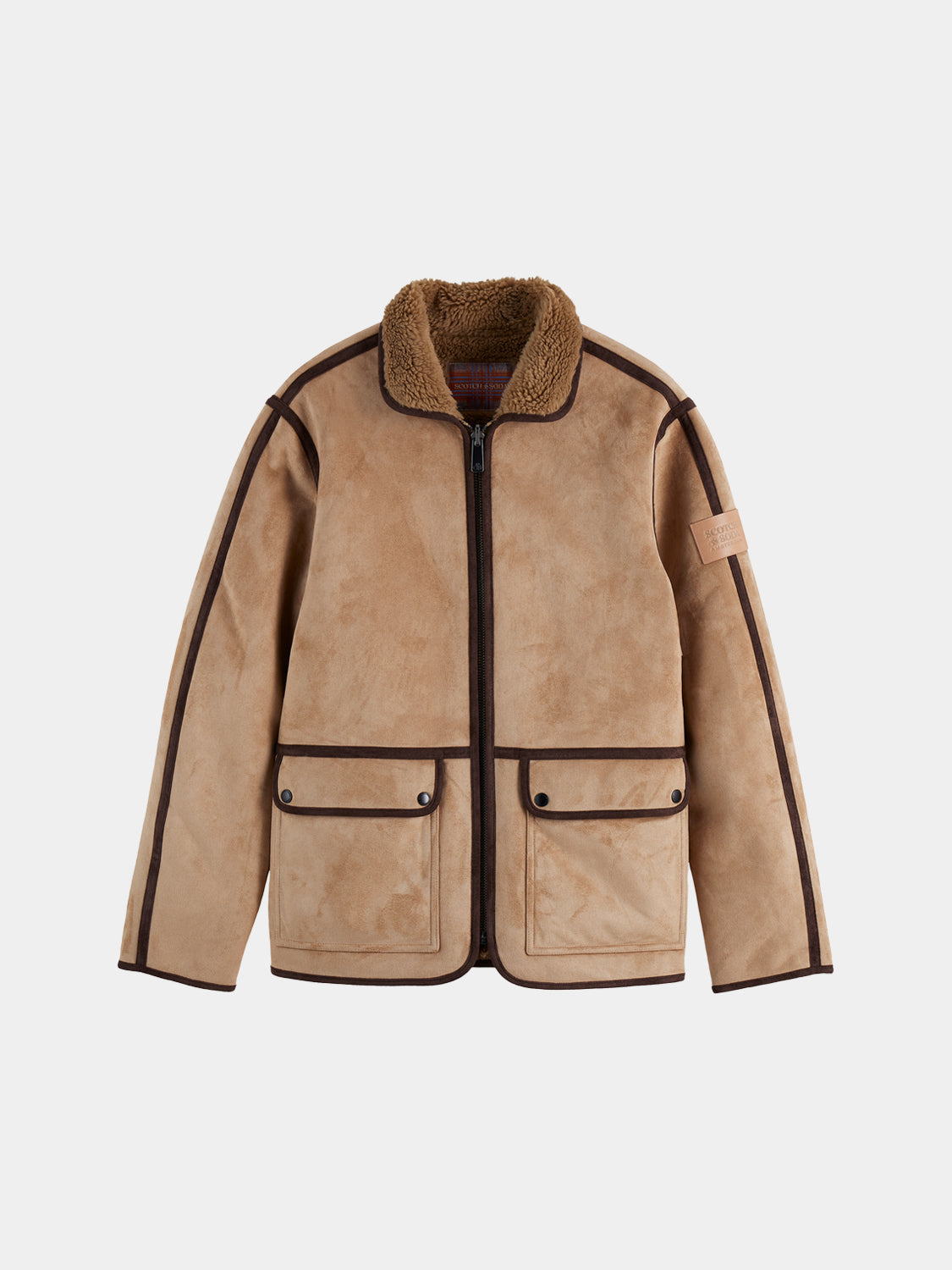 SCOTCH & SODA faux shearling jacket with plush collar and cozy interior, stylish outerwear for cold weather.
