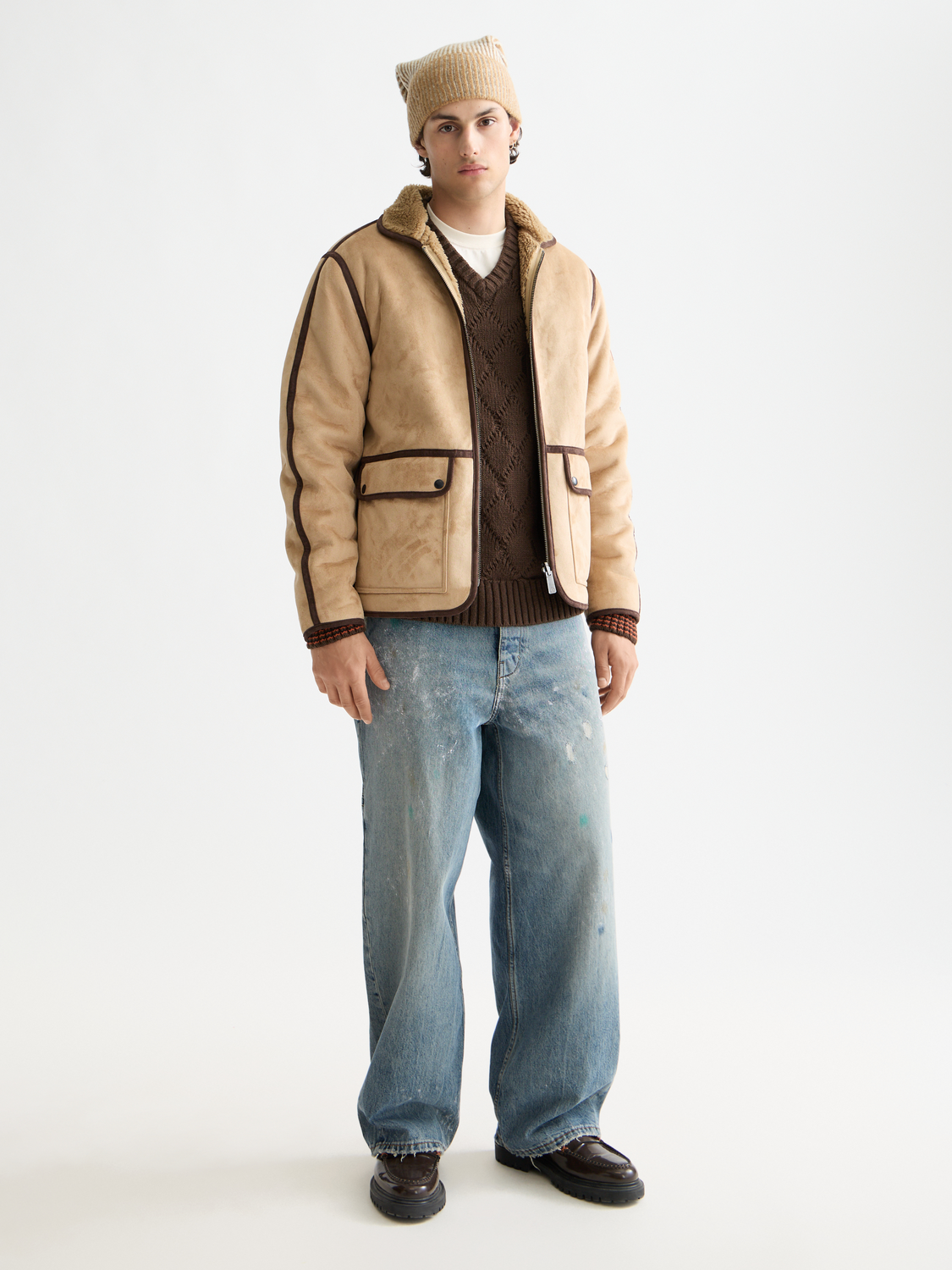 Scotch & Soda faux shearling jacket, cozy beige outerwear with plush shearling lining and collar, front view.