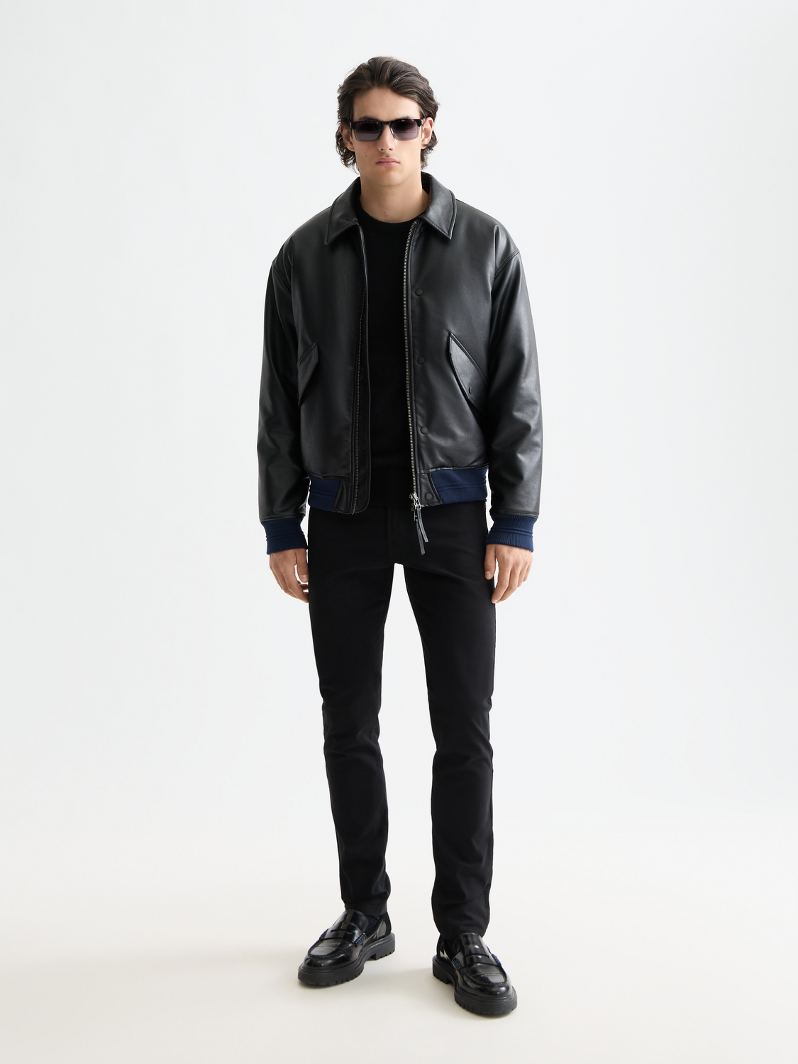 SCOTCH & SODA faux leather puffer jacket with quilted design and high collar, front view.