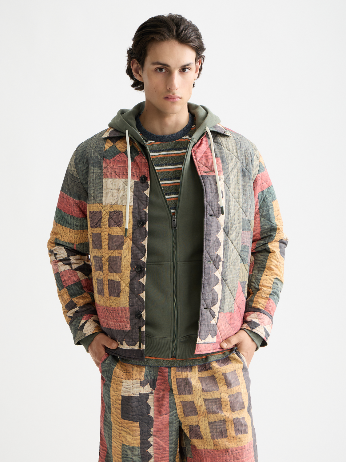 Patchwork overshirt jacket from Scotch & Soda featuring mixed fabric patterns and a casual fit.