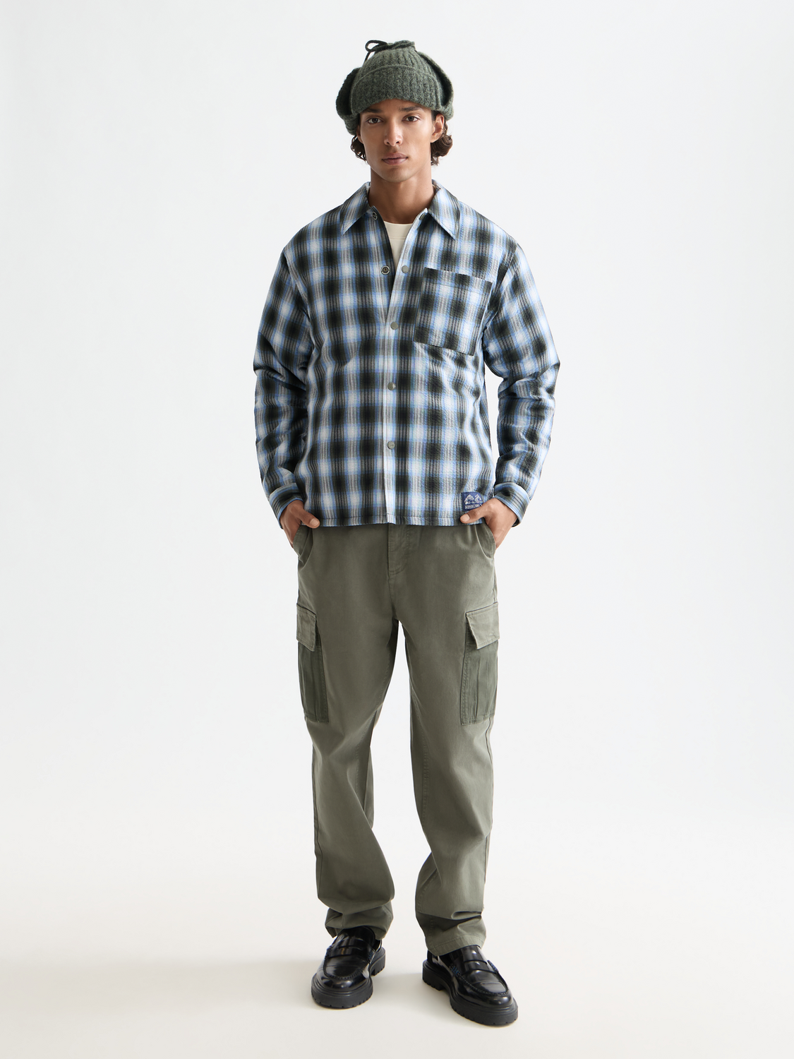 Scotch & Soda seersucker padded overshirt jacket with a textured, lightweight design and padded collar, front view.