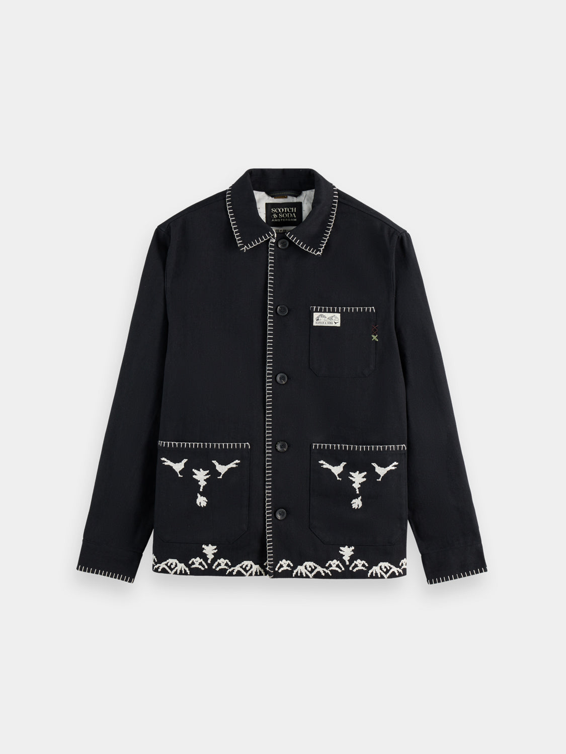Embossed embroidered worker jacket by Scotch & Soda, featuring detailed stitching and a classic rugged design.
