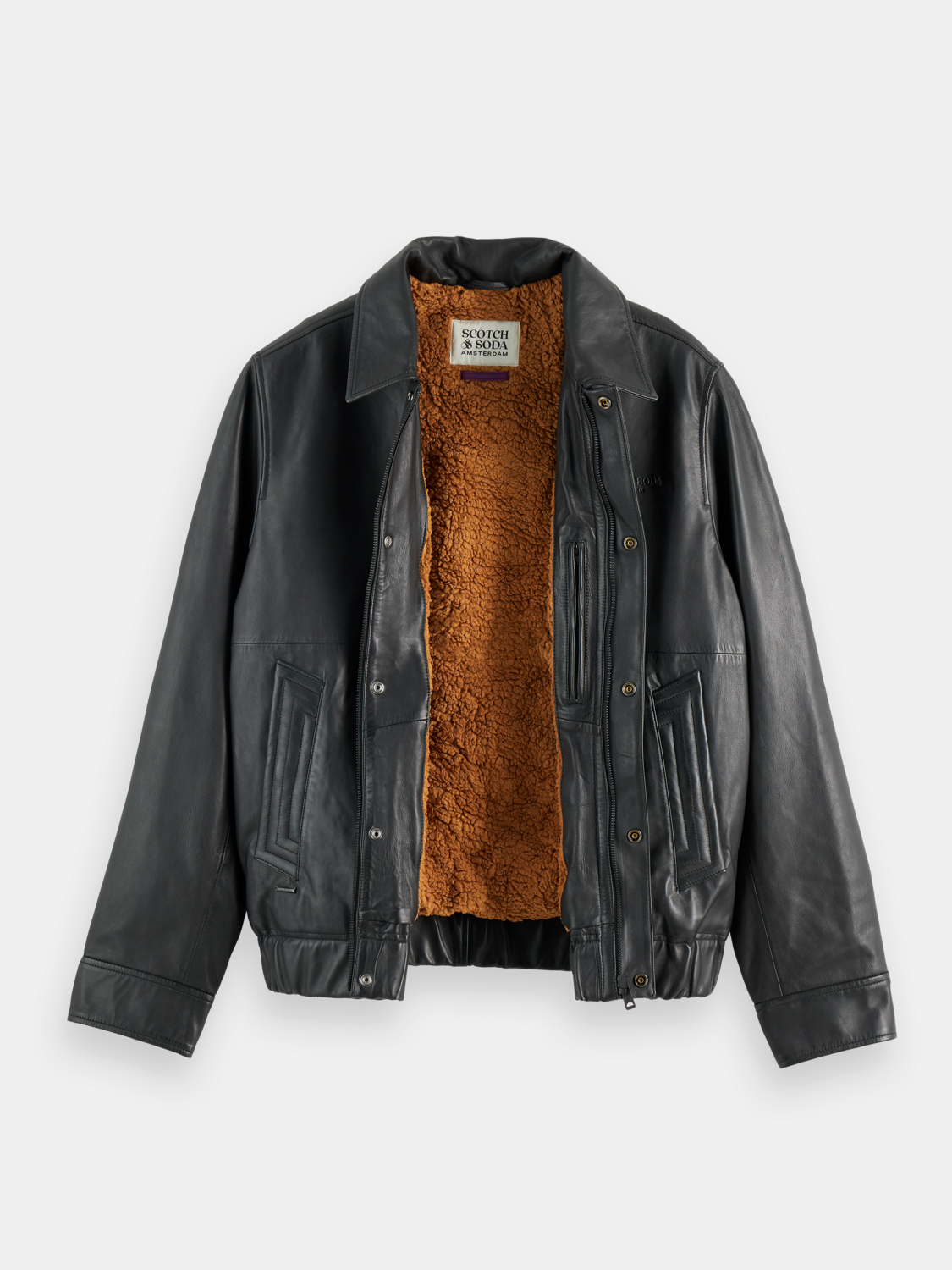 Leather blouson jacket from Scotch & Soda, featuring a stylish leather design with a zip front and classic collar.