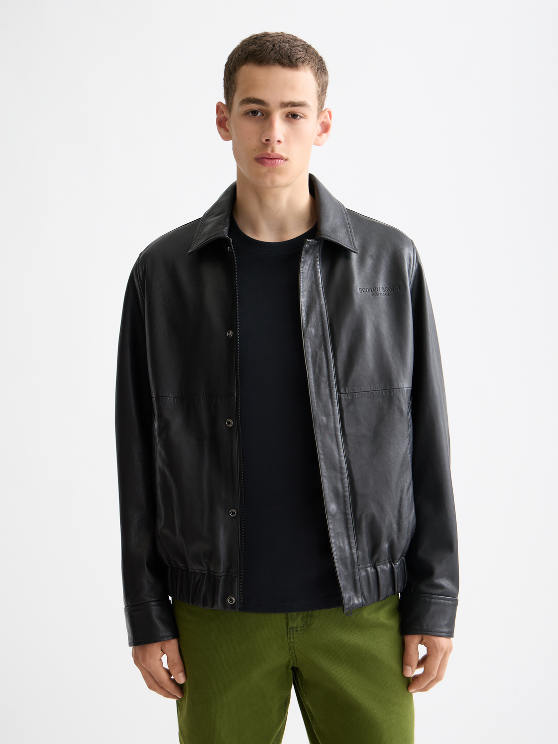 Leather blouson jacket from Scotch & Soda, featuring a classic fit and stylish leather material, front view with detailed stitching.