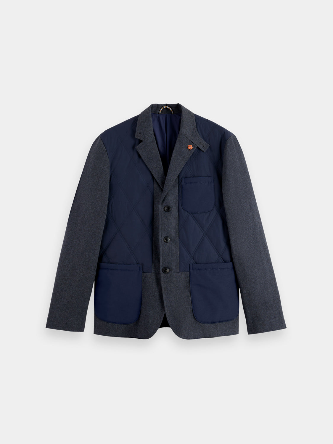 Colourblock padded blazer from Scotch & Soda, stylish blazer with bold color panels and padded design, front view.