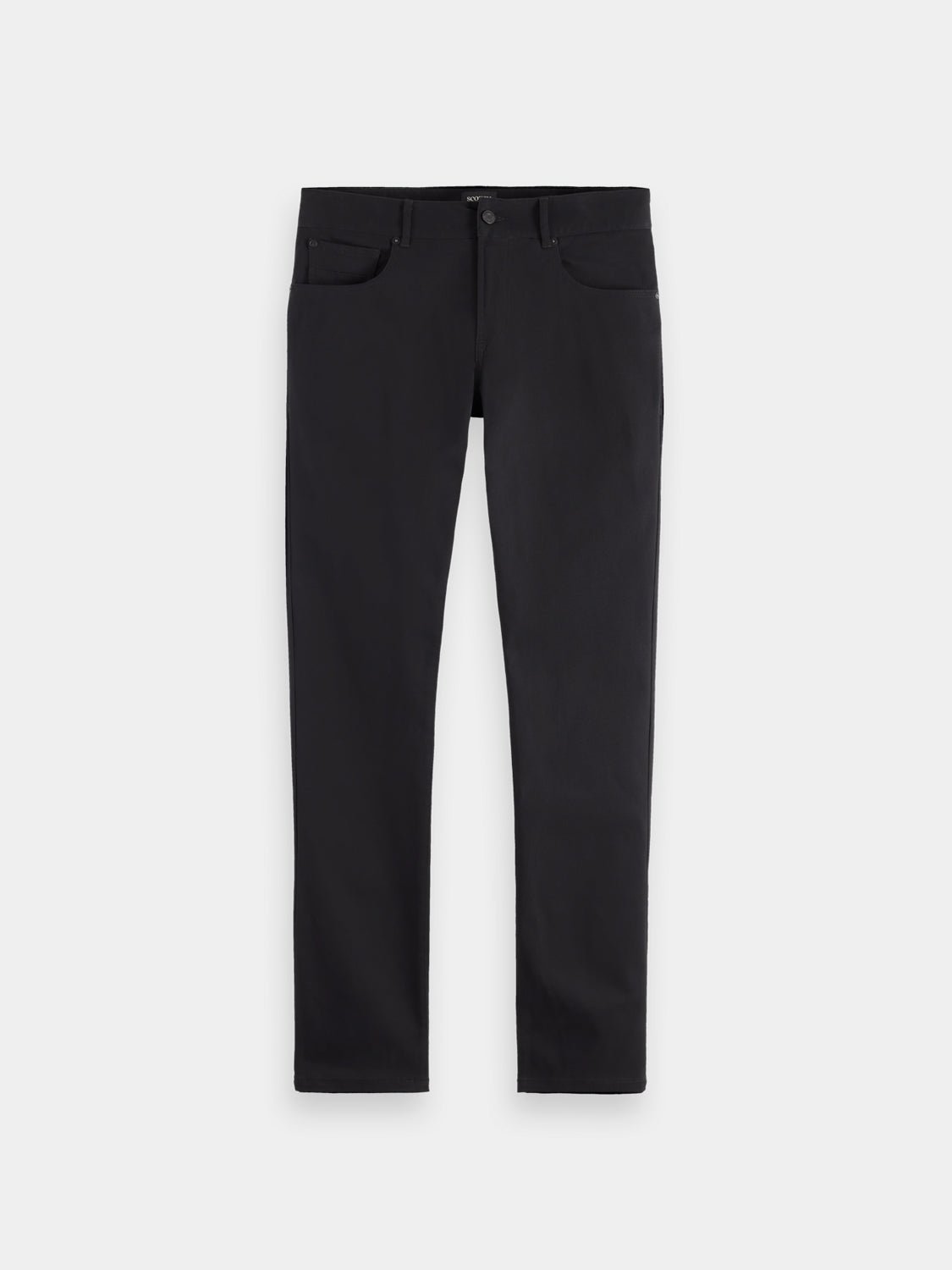 Scotch & Soda Ralston slim-fit 5-pocket pants in a neutral color, displayed on a hanger with a plain background