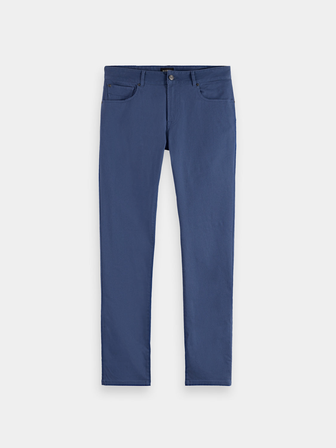 SCOTCH & SODA Ralston slim-fit 5-pocket pants displayed on a hanger, showing the sleek design and classic style.