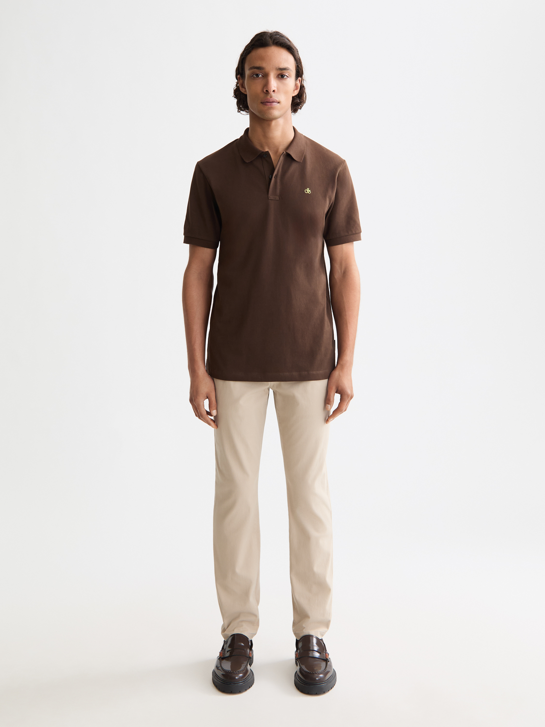 Scotch & Soda Stuart slim-fit chinos, men's casual pants in a neutral color, displayed on a hanger.