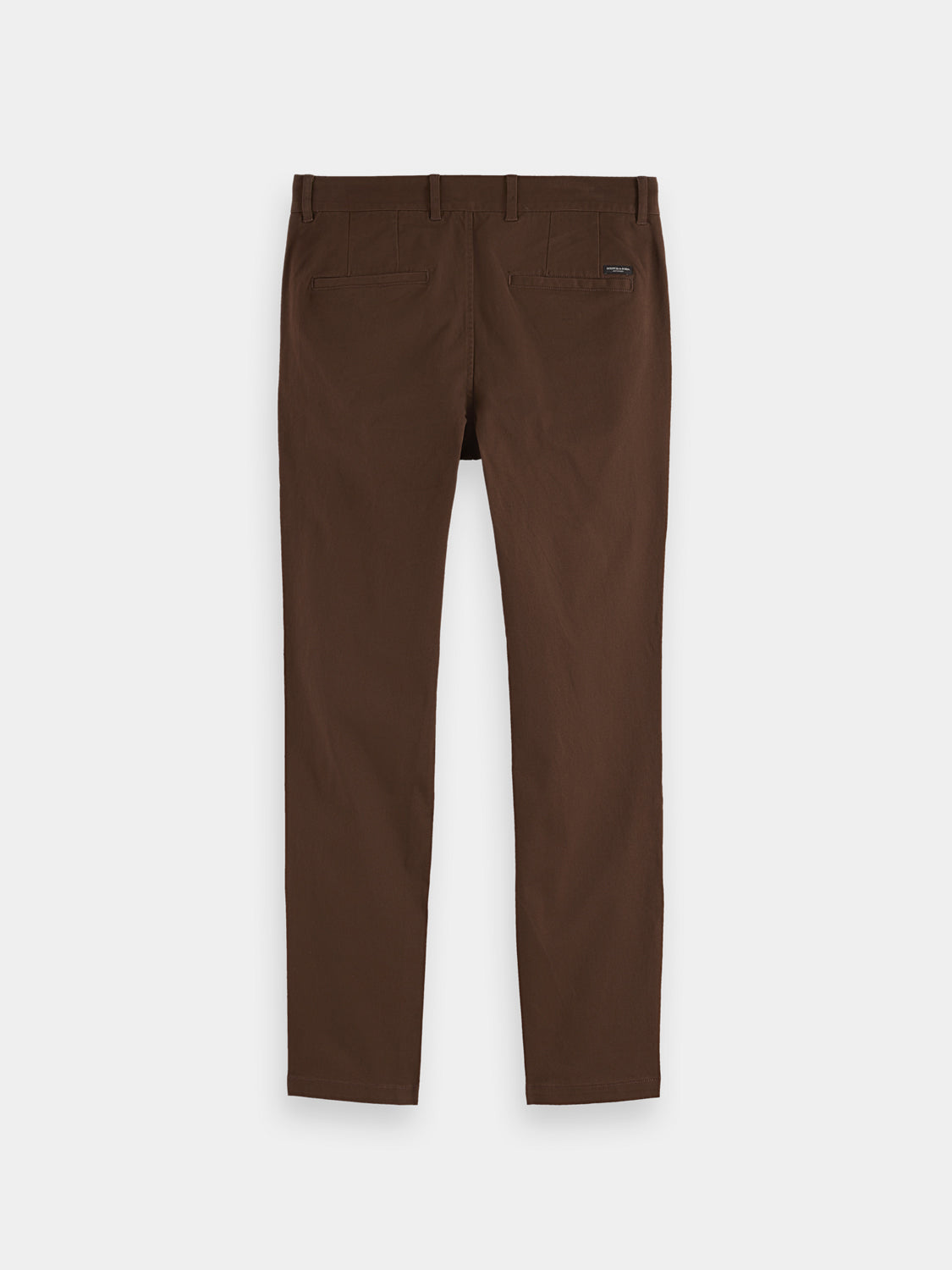 Dark blue Mott slim-fit Scotch & Soda chinos pants with back pockets, displayed flat on a white background.