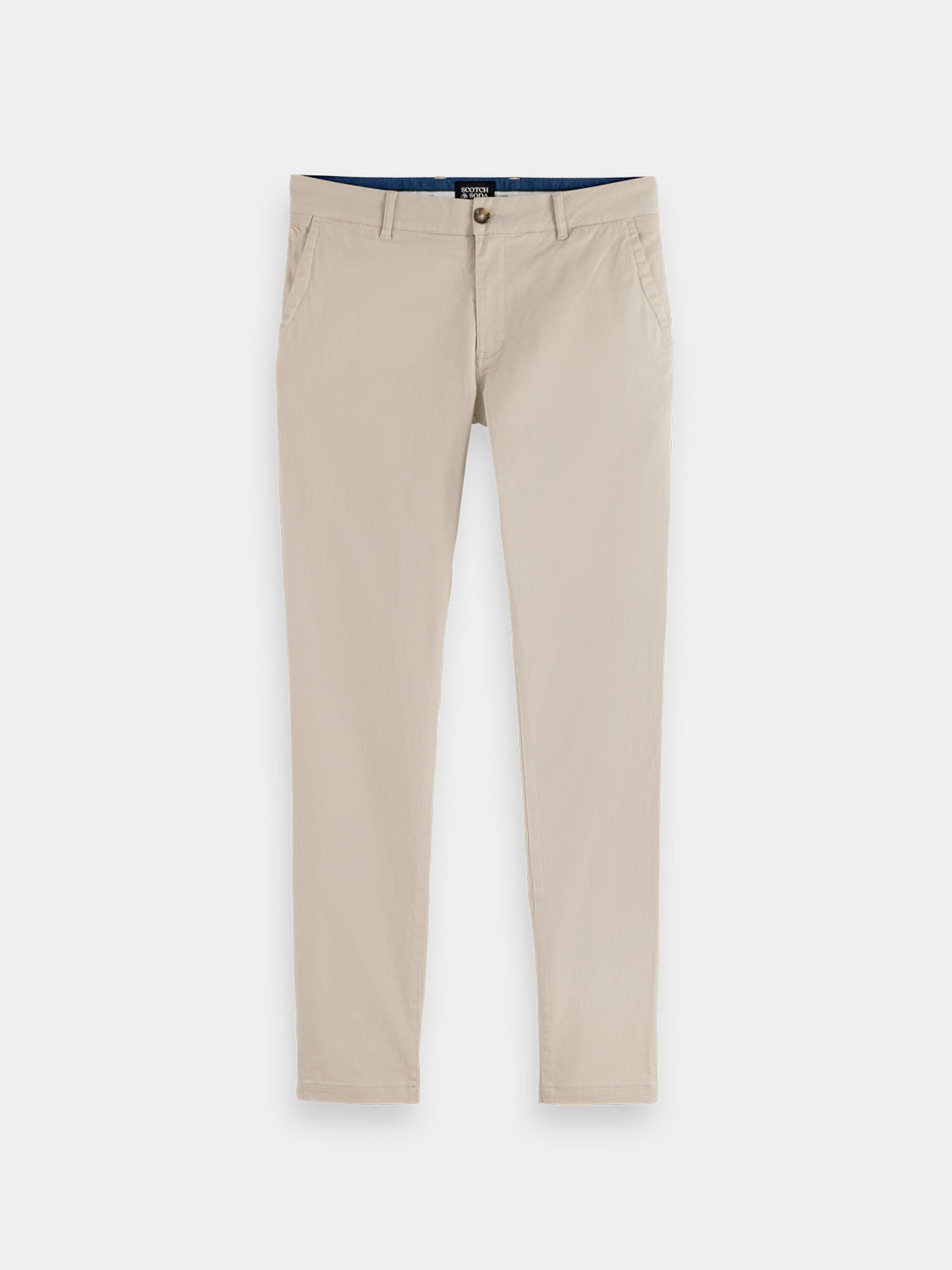 Slim-fit Mott chinos by Scotch & Soda, showing the tailored pants with front pockets and belt loops in a neutral color.