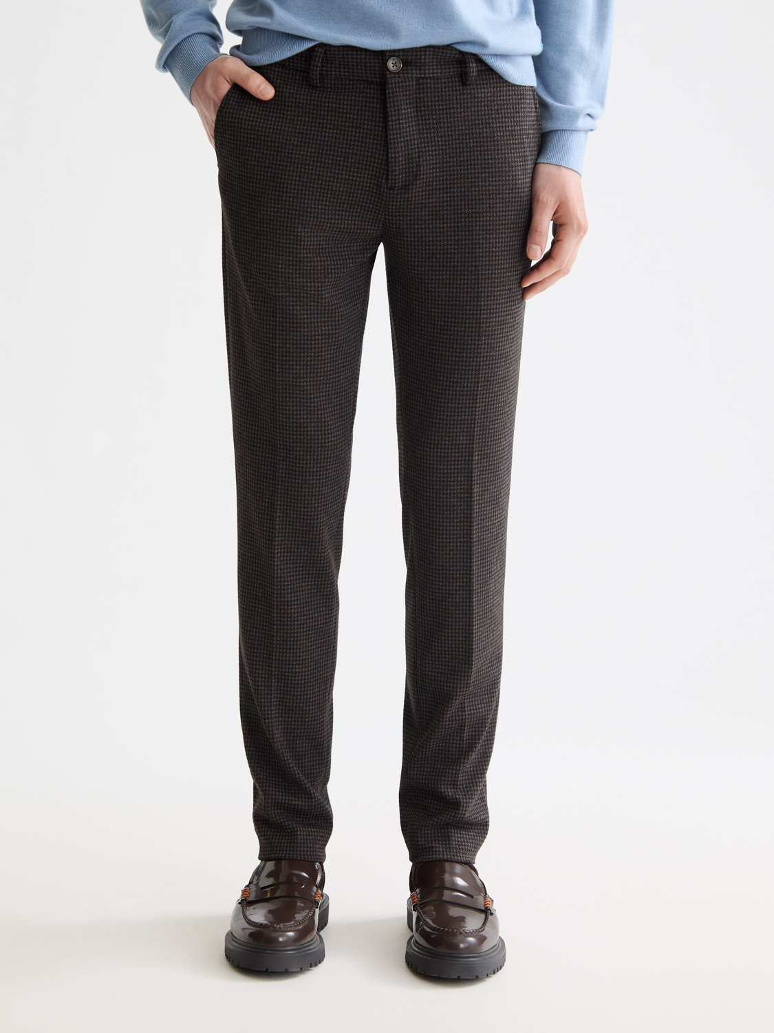 Scotch & Soda Mott super slim-fit chinos pants in a dark color, showcasing the front view of the tailored design.