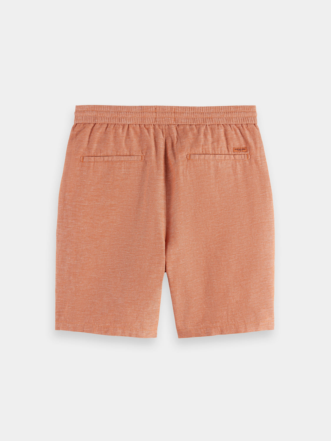 SCOTCH & SODA Fave cotton-linen shorts in neutral fabric, featuring a relaxed fit and casual style, back view image.