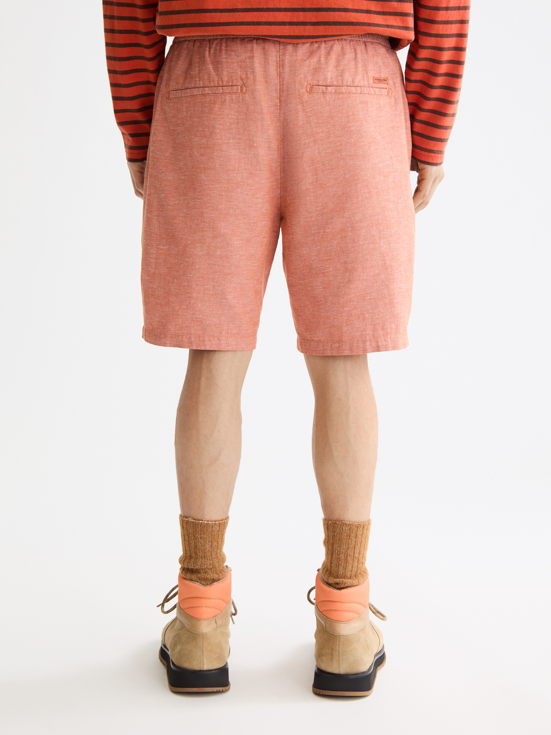 SCOTCH & SODA Fave cotton-linen shorts shown from the back, featuring a relaxed fit and casual style in neutral tones.