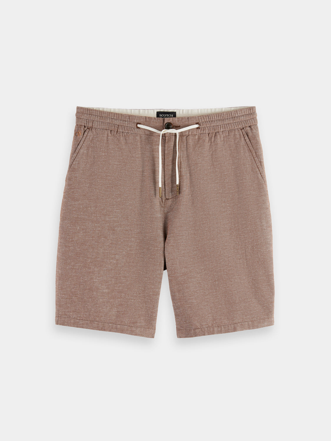 Light beige Fave cotton-linen shorts by Scotch & Soda displayed on a model, showcasing relaxed fit and casual summer style.