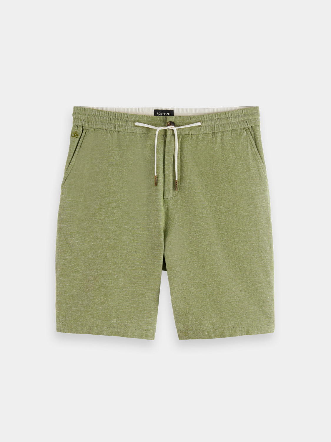 Light beige Fave cotton-linen shorts by Scotch & Soda displayed on a model with a casual relaxed fit and rolled-up hems.