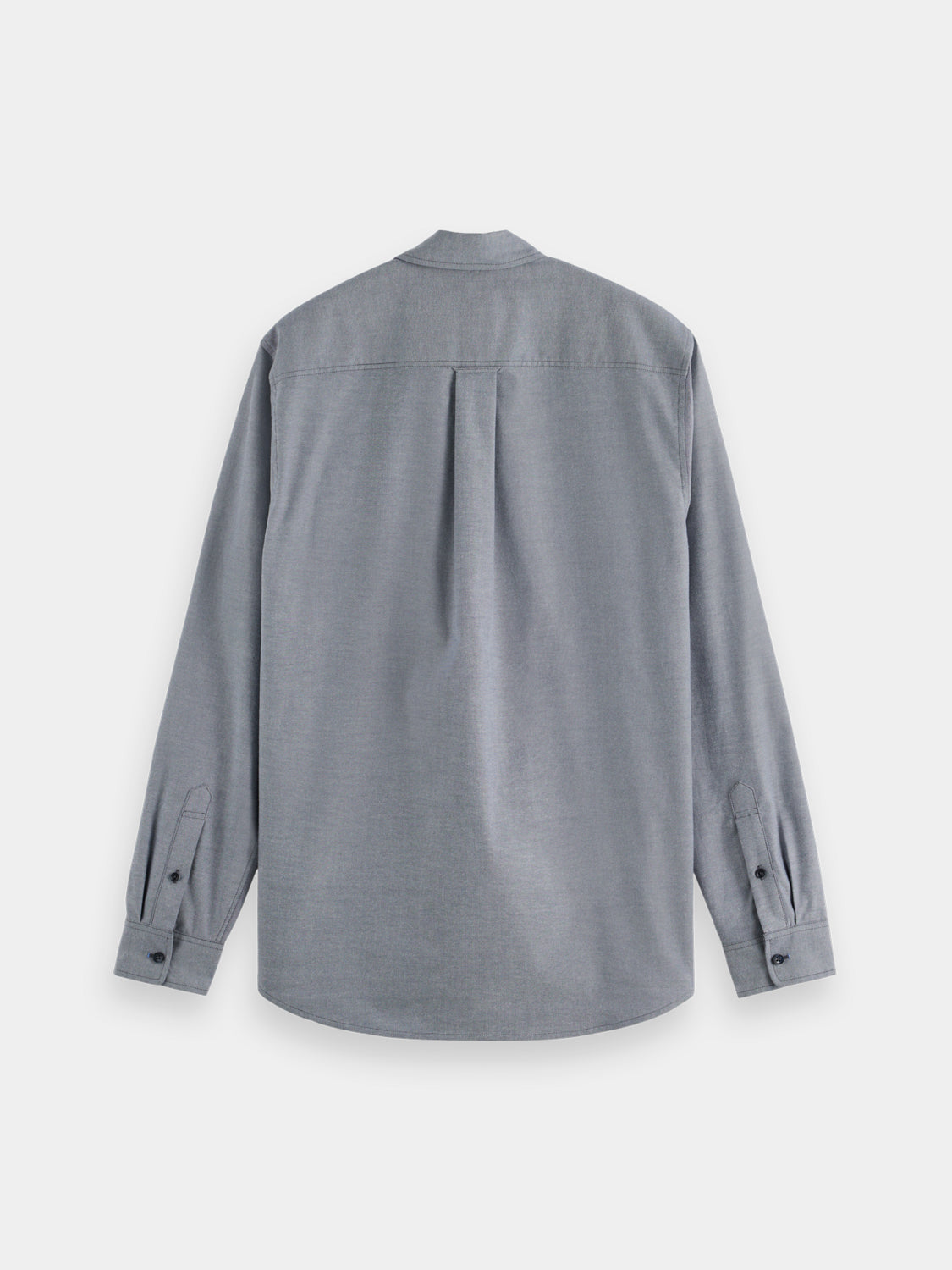 Long sleeve Oxford shirt by Scotch & Soda, featuring classic collar and button-front in dark fabric, laid flat.